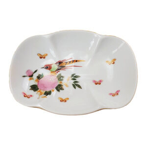 Vintage Trinket Dish Japan Made Bird Flowers Butterflies White & Gold Highlights